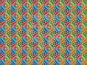 Photograph of traditional portuguese tiles in 4 different colours.  Red, orange, blue and green.