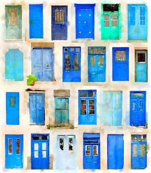 Digital watercolor of 24 different blue doors