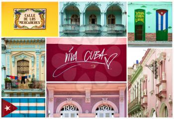 Collage of different architecture and colourful place in Havana in Cuba