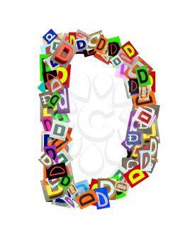 Alphabet collection Capital D, with the letter being formed with a collage of smaller images, of both capital and lowercase letters, in a variety of fonts and colours. Isolated on white background