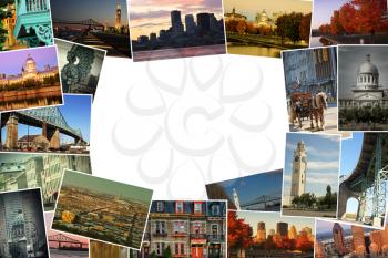 Collage of images from famous location in Montreal, Canada with copy space in the middle