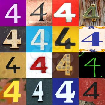 Numbers collection 4 in different colours and patterns as wood, paper and brick 