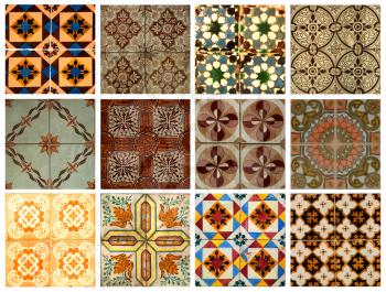 Collage of different orange and brown pattern tiles in Lisbon, Portugal