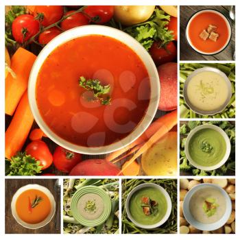 Collage showing different kind of soup, Tomato, celery, asparagus, leek, vegetable, and potato
