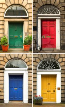 Collage of four old and colorful doors in blue, yellow red and green from Edinburg, Scotland
