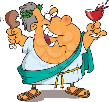 Royalty Free Clipart Image of a Man With a Glass of Wine and a Chicken Leg