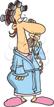 Royalty Free Clipart Image of a Woman in Her Bathrobe Talking on the Phone