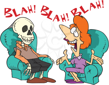 Royalty Free Clipart Image of a Woman Talking to a Skeleton