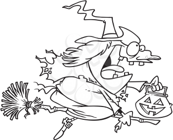 Royalty Free Clipart Image of a Witch Riding a Broom