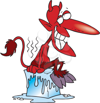 Royalty Free Clipart Image of a Devil Cooling Off on a Block of Ice