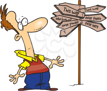 Royalty Free Clipart Image of a Man Looking at a Confusing Sign
