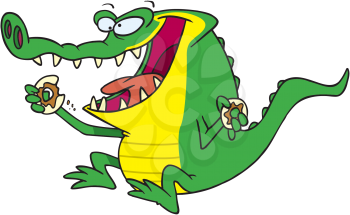Royalty Free Clipart Image of a Gator Eating a Donut