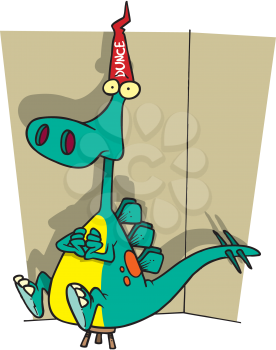 Royalty Free Clipart Image of a Dinosaur Wearing a Dunce Cap and Sitting in the Corner