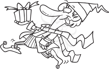 Royalty Free Clipart Image of an Elf With a Christmas Present
