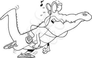 Royalty Free Clipart Image of an Alligator Listening to Headphones