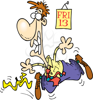 Royalty Free Clipart Image of a Man Slipping on a Banana Peel on Friday the 13th