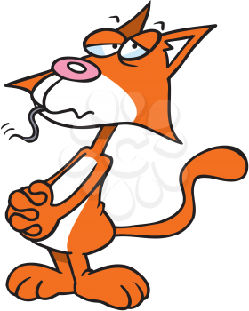 Royalty Free Clipart Image of a Cat With a Mouse Tail Coming From Its Mouth