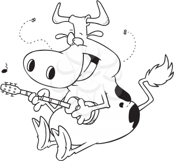 Royalty Free Clipart Image of a Cow Playing a Ukelele