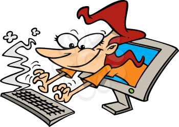 Royalty Free Clipart Image of a Woman Typing on a Keyboard Through a Monitor