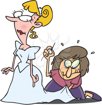 Royalty Free Clipart Image of a Seamstress Working on a Bride's Gown