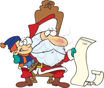 Royalty Free Clipart Image of Santa Reading a Boy's Long List