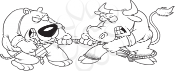 Royalty Free Clipart Image of a Bear and a Bull in a Tug of War