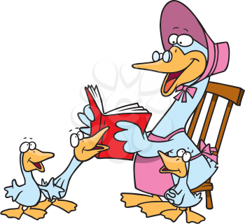 Royalty Free Clipart Image of a Mother Goose Reading a Story to her Babies