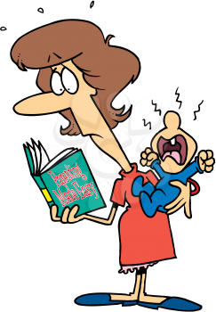 Royalty Free Clipart Image of a Woman With a Crying Baby Reading a Book