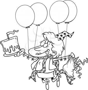 Royalty Free Clipart Image of a Party Lady With Cake and Balloons