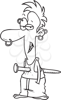 Royalty Free Clipart Image of a Man With Piercings and a Nail Through Him