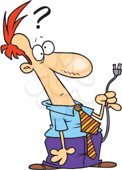Royalty Free Clipart Image of a Man Looking Puzzled at a Plug