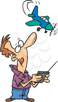 Royalty Free Clipart Image of a Guy Playing With a Radio Controlled Plane