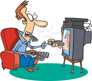 Royalty Free Clipart Image of a Man Using Several Remotes