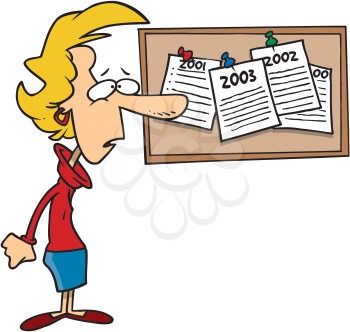 Royalty Free Clipart Image of a Woman With Several Lists of New Year's Resolutions on a Bulletin Board
