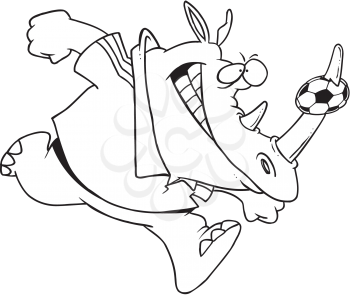 Royalty Free Clipart Image of a Rhinoceros With a Ball Stuck on Its Nose
