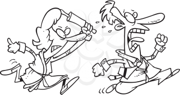 Royalty Free Clipart Image of a Woman Chasing a Man With a Rolling Pin