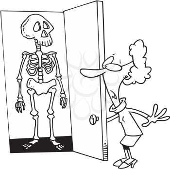 Royalty Free Clipart Image of a Woman Opening a Door to a Skeleton