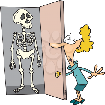Royalty Free Clipart Image of a Woman Opening the Door to a Skeleton