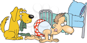 Royalty Free Clipart Image of a Dog Holding a Sock That a Man is Looking For