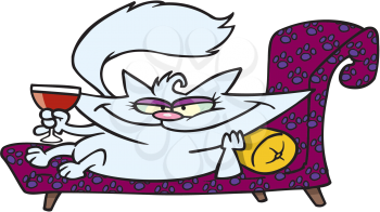 Royalty Free Clipart Image of a Cat on a Lounge With a Wine