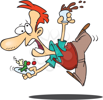 Royalty Free Clipart Image of a Man Tripping While Carrying Food and Drink