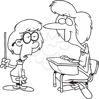 Royalty Free Clipart Image of a Student With a Teacher Sitting in Her Desk
