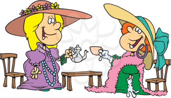 Royalty Free Clipart Image of Two Girls Having a Tea Party