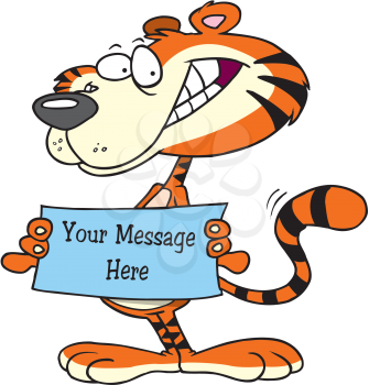 Royalty Free Clipart Image of a Tiger Holding a Sign