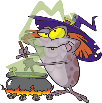 Royalty Free Clipart Image of a Toad in a Witch's Hat at a Cauldron