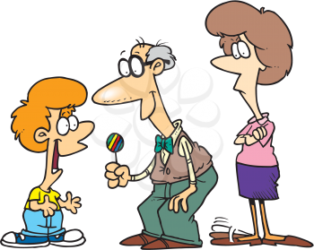 Royalty Free Clipart Image of a Man Giving a Boy a Lollipop