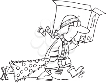 Royalty Free Clipart Image of a Woman With a Christmas Tree and Box