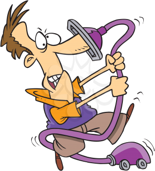 Royalty Free Clipart Image of a Man Struggling With a Vacuum Cleaner