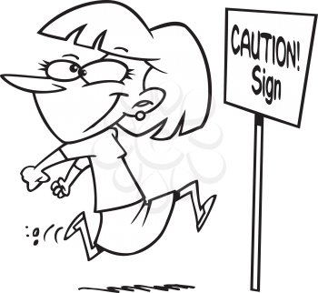 Royalty Free Clipart Image of a Woman Running In To a Caution Sign