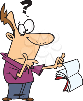 Royalty Free Clipart Image of a Man Holding a Page of an Open Book With a Question Mark Over His Head